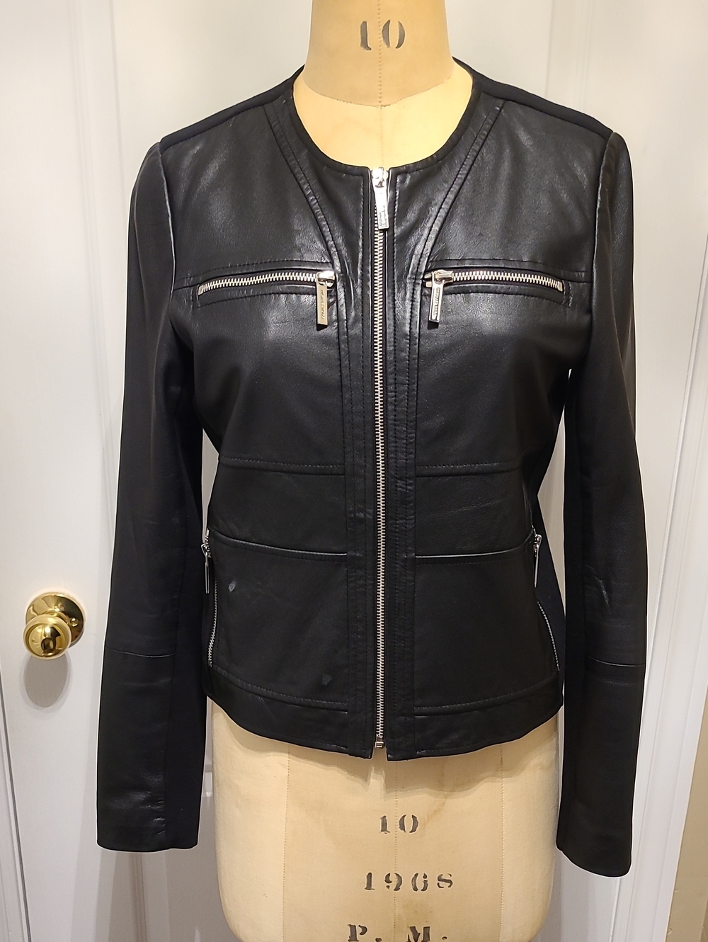 Michael Kors Black Leather And Fabric Zip-Front Jacket